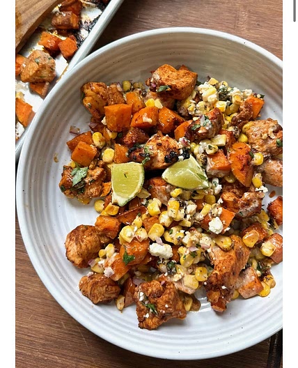 Chipotle lime chicken, sweet potato, elote