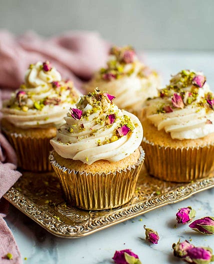 Eggless Rose Pistachio Cupcakes