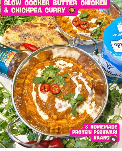 SLOW COOKER BUTTER CHICKEN & CHICKPEA CURRY WITH PROTEIN NAANS 
