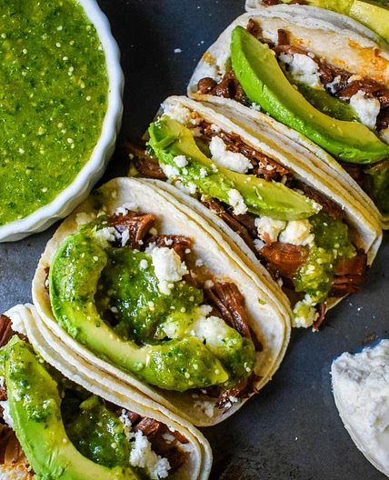 Slow Cooker Beef Barbacoa Tacos with Tomatillo Salsa