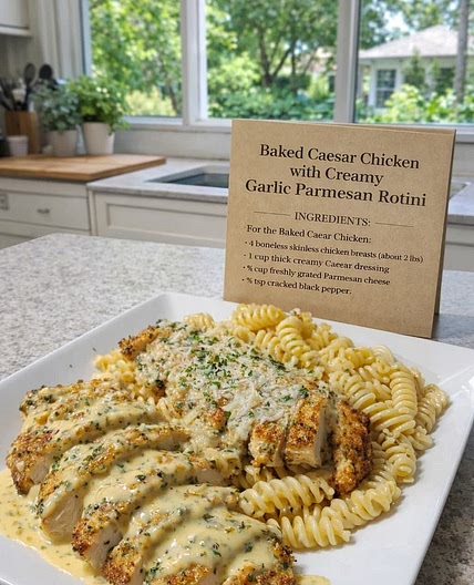 Baked Caesar Chicken with Creamy Garlic Parmesan Rotini