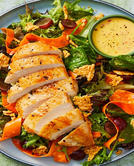 Garlic Herb Organic Chicken with Grape Frico Salad & Honey Dijon–Shallot Dressing