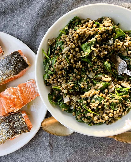 Warm Lentil-and-Spinach Salad with Pan-Roasted Salmon