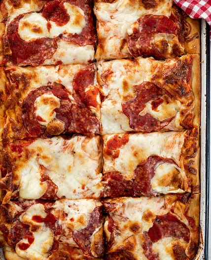 Cheesy Salami Grandma Pizza