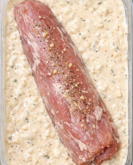 Place raw pork tenderloin in the glass casserole dish and 3 other ingredients to get a meal so delicious your husband will be begging for more