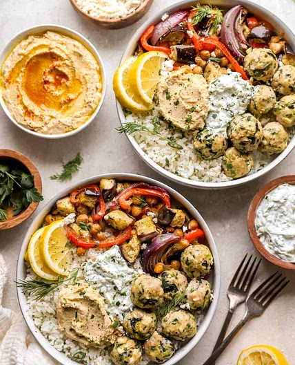 Sheet Pan Greek Meatballs with Veggies and Chickpeas
