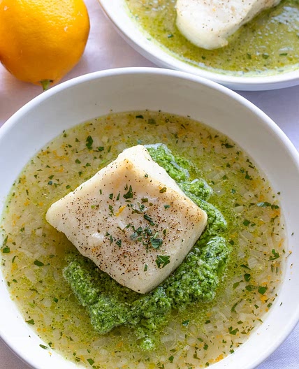 Lemon Soup with Pea Puree and Sea Bass