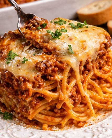 Cheesy Beefy Baked Spaghetti