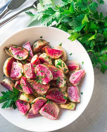 Roasted Watermelon Radishes with Lemon and Herb