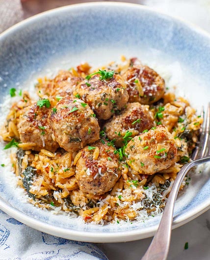Creamy Tuscan Turkey Meatballs with Orzo Pasta (video)