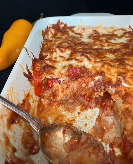 No Meat Tortilla Bake with Peppers and Onions