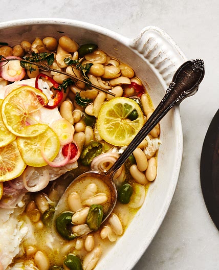 Roast Fish With Cannellini Beans and Green Olives