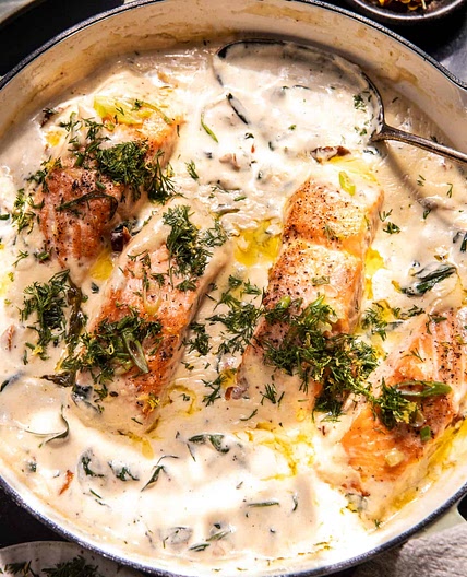 Garlic Butter Baked Salmon In Lemony Parmesan Cream