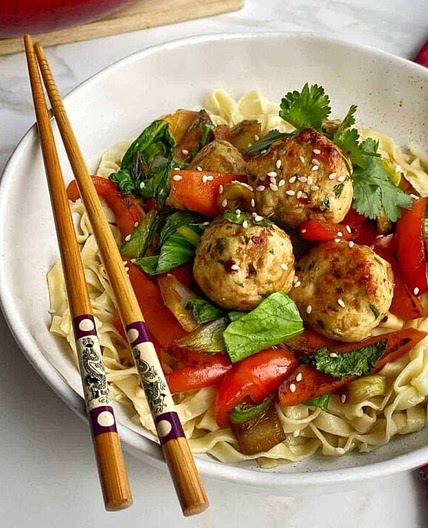 Chicken Meatballs on Noodles