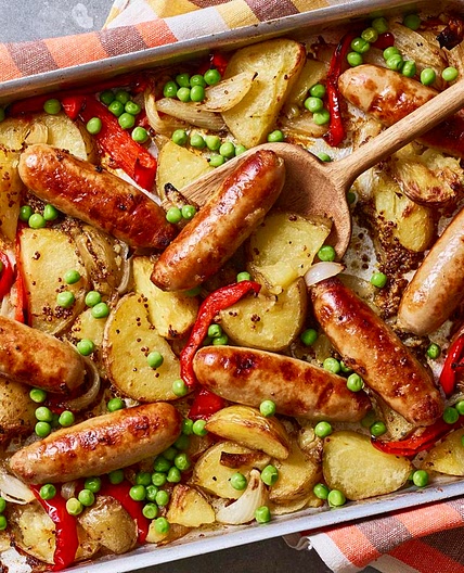 Sticky sausage and potato traybake