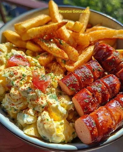 Papas fritas con salchicha rusa y ensalada cremosa de huevo.