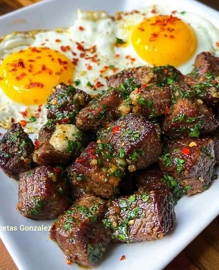 Sarten de bistec con mantequilla de ajo y huevos