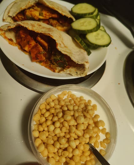 Schezwan tofu and brussel sprouts pita bread