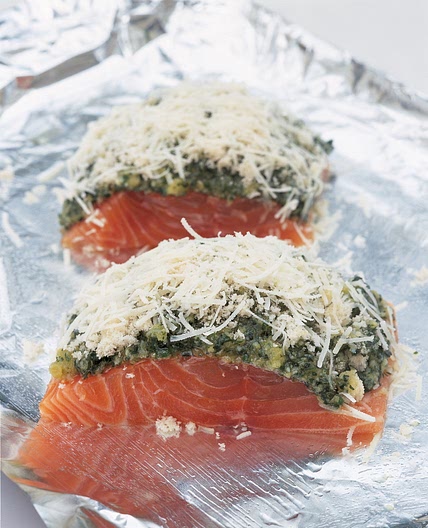 Roasted Salmon Fillets with a Crusted Pecorino and Pesto Topping