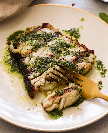 Grilled Keto Halibut Steaks with Basil Chimichurri Sauce (Paleo, Whole30, AIP Option))