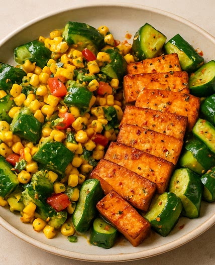 smashed cucumber Mexican corn salad and spicy cucumber tofu!