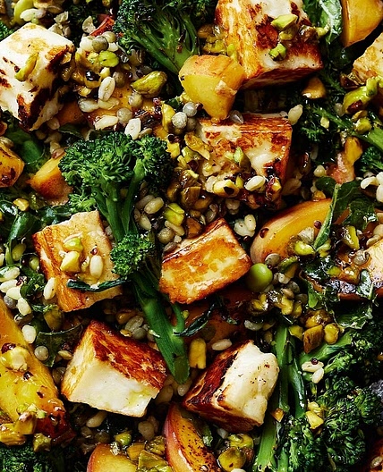 Peach halloumi grain salad 
