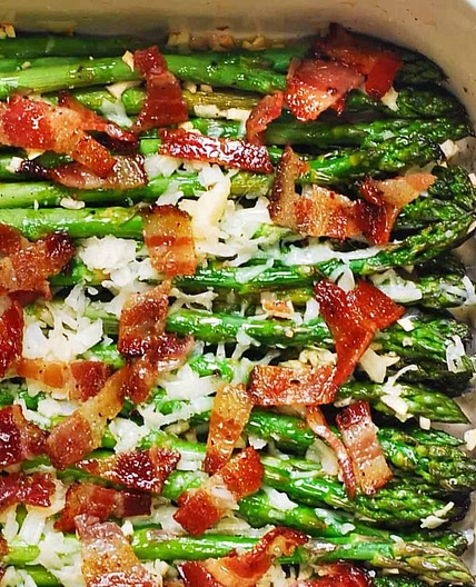 Cheesy Baked Asparagus with Gruyere cheese, Garlic, and Bacon
