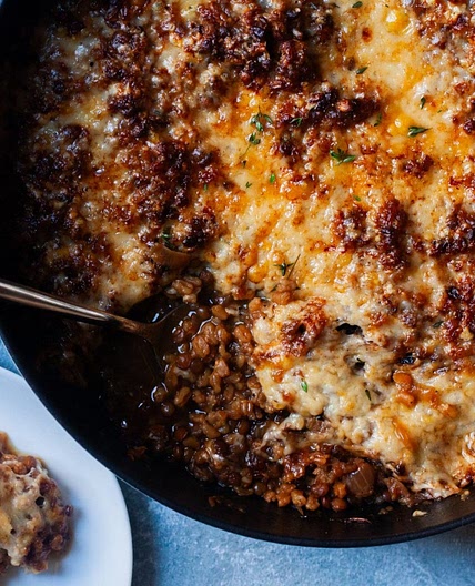 French Onion Baked Lentils and Farro
