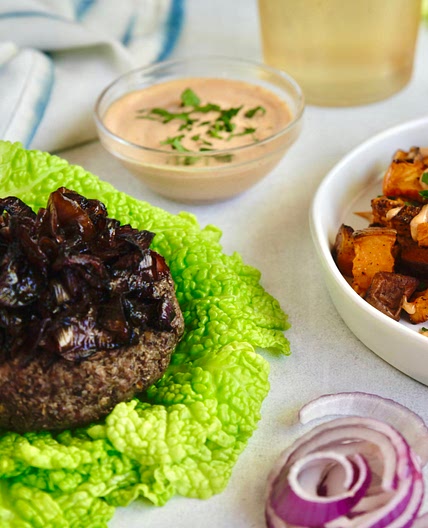 Grilled Beef and Mushroom Burgers with Caramelized Onions & Roasted Sweet Potatoes