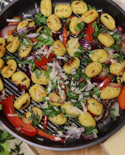 Crispy Pan Fried Gnocchi with a Sweet Bell and Onion Salad