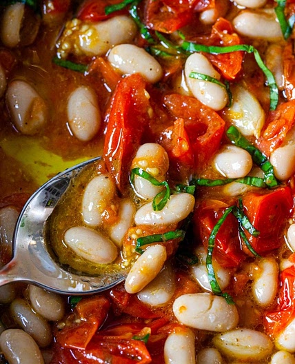 Roasted Tomatoes with White Beans and Basil