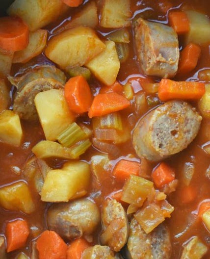 Slow Cooker Bratwurst Casserole - A Brat Stew Recipe in the Crock Pot