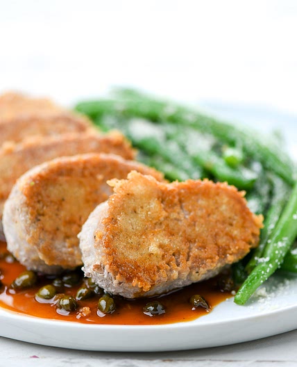 Parmesan-Crusted Pork Piccata Medallions and green beans