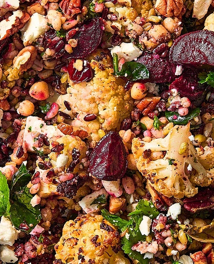 Freekeh and roast vegetable salad, with baba ganoush