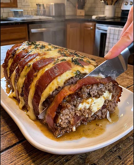 🥓🧀 Mozzarella Stuffed Bacon-Wrapped Meatloaf 