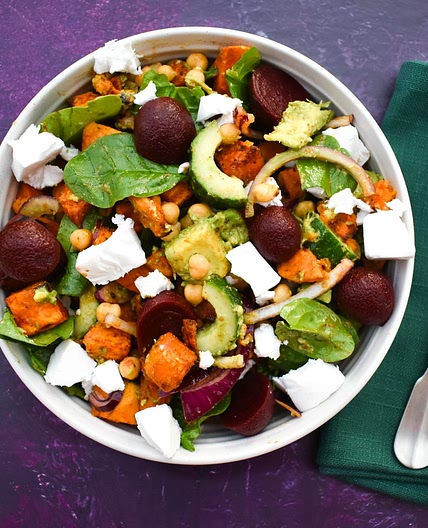 Vegan Roasted Sweet Potato, Spinach & Feta Salad