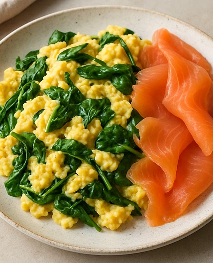 Huevos revueltos con espinacas y salmon ahumado