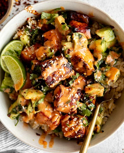 Honey Glazed Salmon Rice Bowls