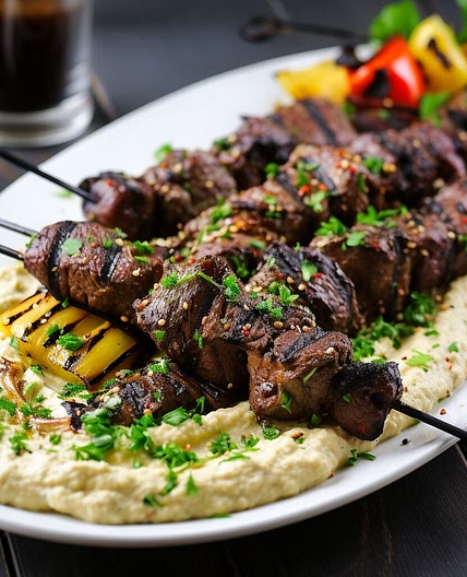Grilled Beef Kebabs with Hummus