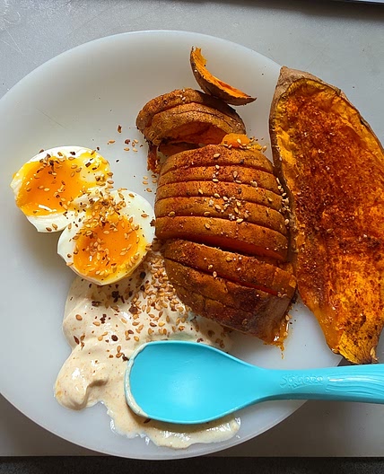 Patate douce fumée + sauce et oeuf mollet