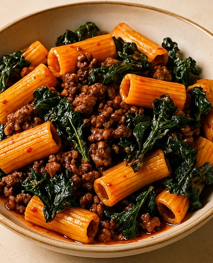 Rigatoni Pasta with Lamb Mince, Cavolo Nero & Gochujang