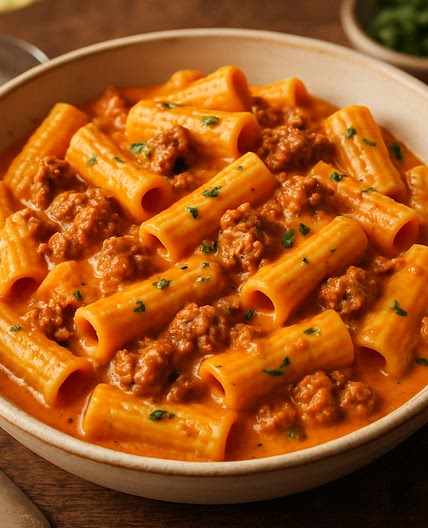 Rustic Italian-American classic — crumbled sausage, white wine, and a silky tomato cream sauce