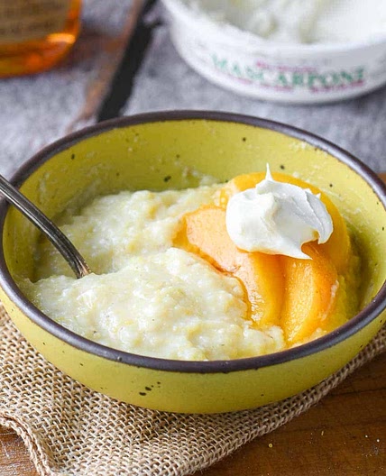 Breakfast Polenta Porridge with Mascarpone and Peaches