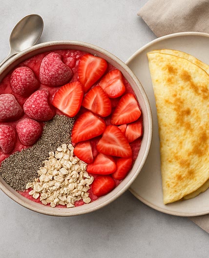 Bevroren aardbeien smoothie bowl met een eiwit omelet
