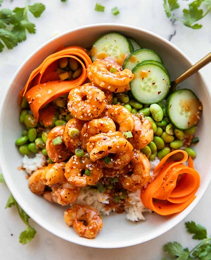 Sticky Garlic Sesame Shrimp Bowls
