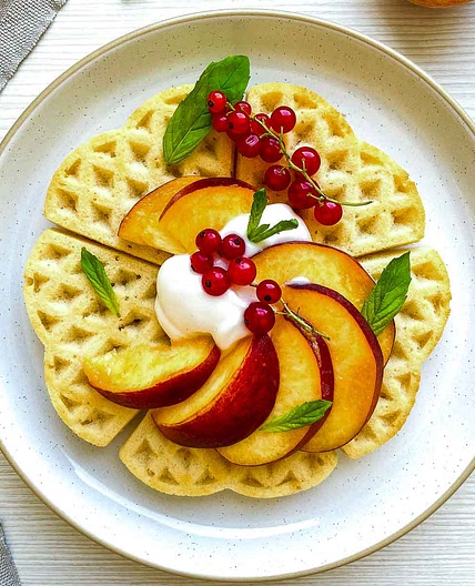 Fresh Peach Buttermilk Waffles with Honey Yogurt
