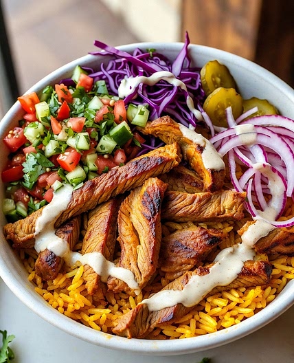 Levantine Shawarma Steak Bowl with Turmeric Basmati Rice