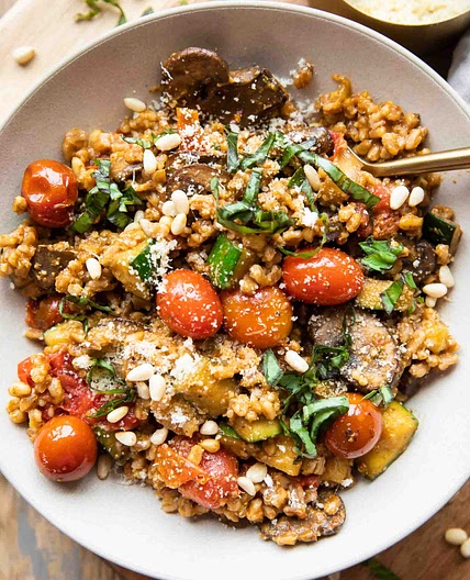 Farro with Blistered Tomatoes & Pesto