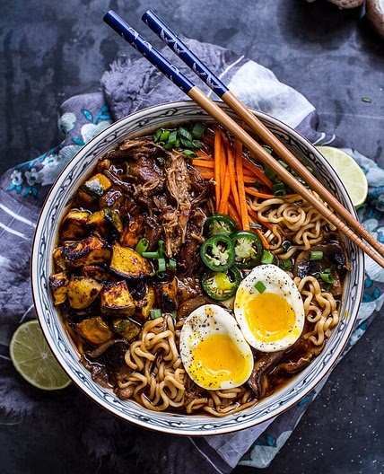 Crockpot Caramelized Pork Ramen Noodle Soup w/Curry Roasted Acorn Squash