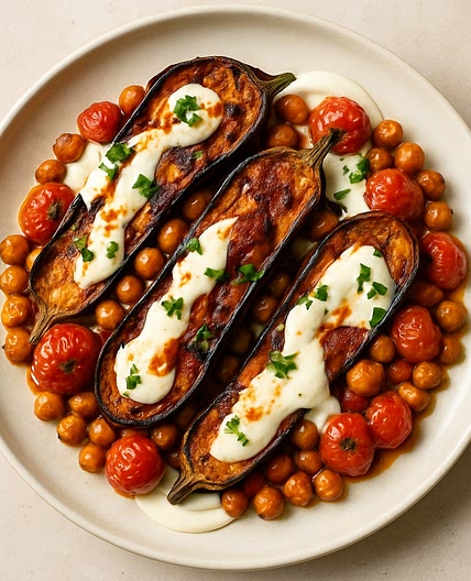 Harissa-roasted eggplant, chickpeas & tomatoes with tahini and yogurt